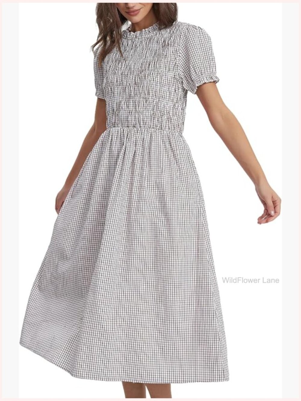 Puff Short Sleeve Plaid Flowy Boho Beach Gingham Smocked Vacation Midi Sundress - Picture 1 of 6